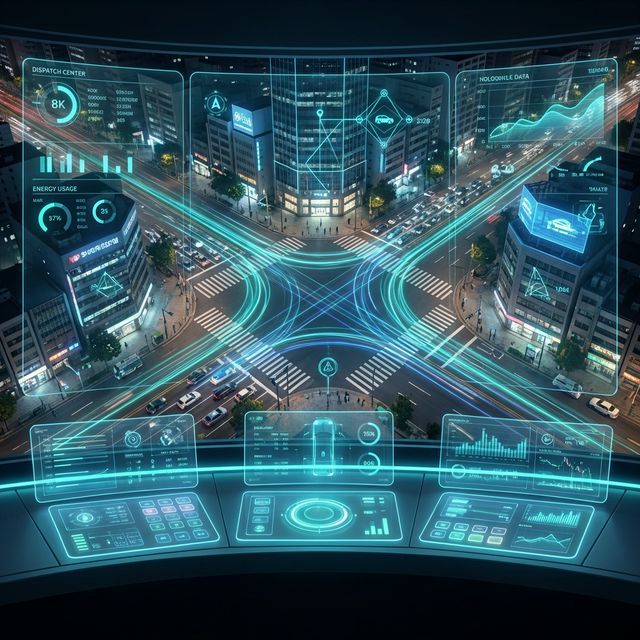 holographic digital map of city traffic flow, data visualization, glowing blue and green lines, technology interface, abstract, high tech, 8k, no people